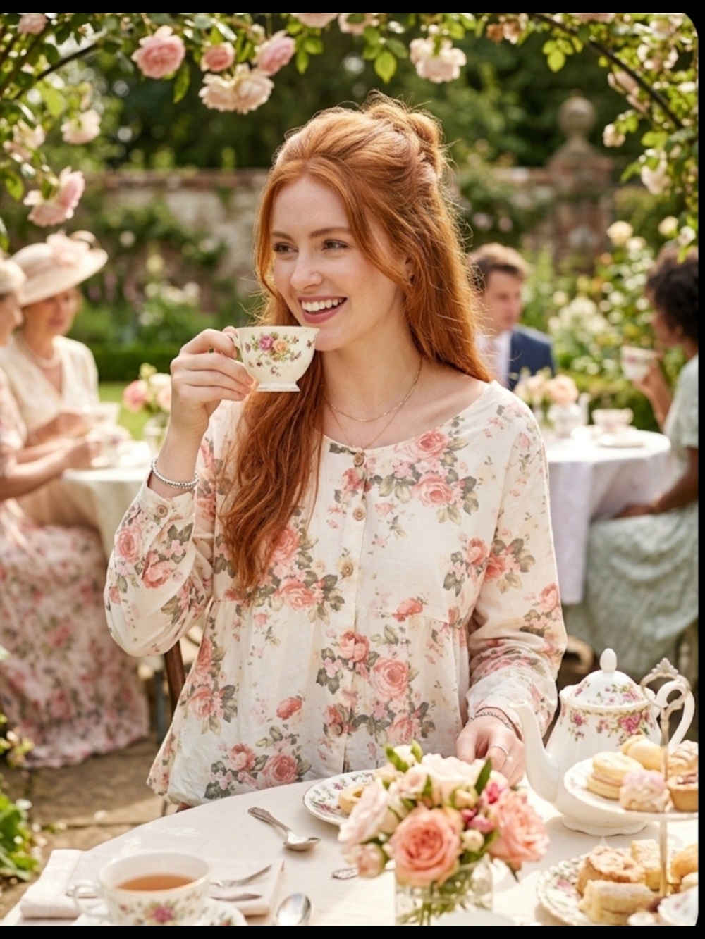 🌺Women's Floral Button-Front Off White Blouse With Pink Roses
